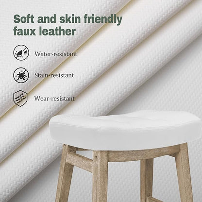 Counter Height White Bar Stools Set of 2 for Kitchen Counter Farmhouse Modern Barstools with Faux Leather Upholstered Backless Seat and Solid Wood Legs 24 inch Bar Chairs, White + Wood Color