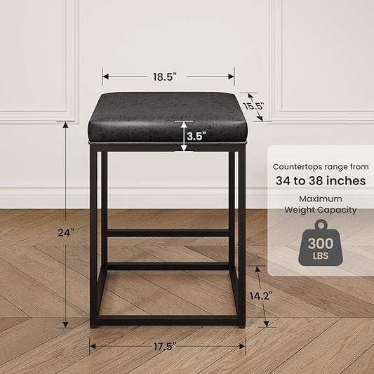 PHI VILLA Black Leather Counter Height Chairs, Barstools Set of 4, 24 inch Backless Bar stools for Kitchen Island