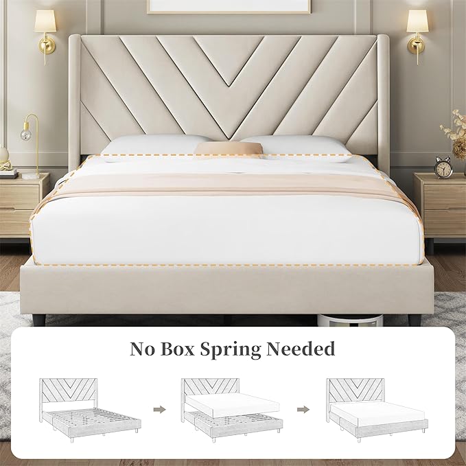 Yaheetech Queen Bed Frame Upholstered Platform Bed with Wing Side/Wooden Slat Support/Tufted Headboard with Wing Side/Mattress Foundation/No Box Spring Needed,Beige Queen Bed