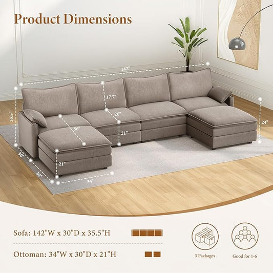 Vesgantti 142" U Shaped Sectional Couch, Comfy Cloud Modular Sectional Sofa with 2 Ottoman Deep Seat Chenille Modern Cloud Sofa, Modular Sofas for Living Room, Bedroom and Apartment, Light Brown