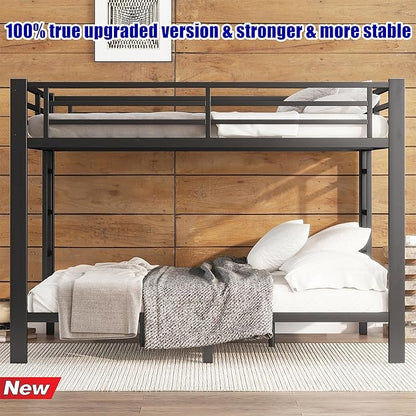 Higher Quality & Stronger Heavy Duty Industrial Style Metal Queen Over Queen Bunk Bed, Thickened More Stable Black Steel Bunkbed (Easier to Assemble)