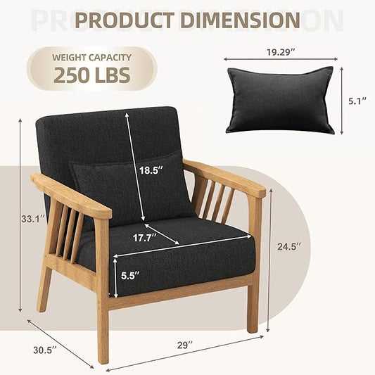 Mid-Century Modern Accent Chair, Linen Armchair and Lounge Chair with Lumbar Pillow, Wide Seat & Solid Wood Frame for Living Room, Bedroom or Balcony （Dark Gray）