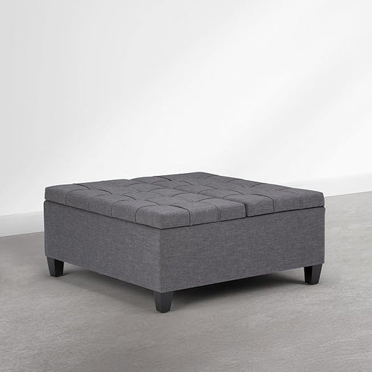 SIMPLIHOME Harrison Coffee Table Storage Ottoman - 36 inch Wide Upholstered Linen Look Fabric Square Storage Ottoman in Flint Grey, Transitional Tufted Ottoman for Living Room with Split Lift-Up Lid