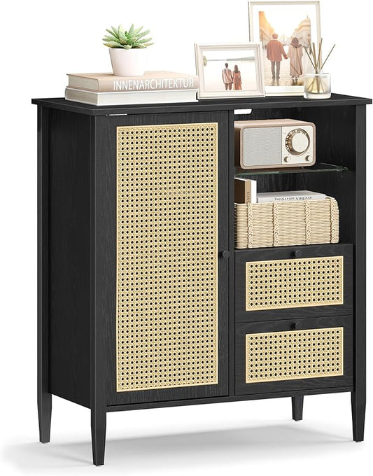 VASAGLE Boho Buffet Cabinet, Synthetic Rattan Sideboard with Drawers, Storage Cabinet with Adjustable Shelves, Ink Black UBBK242B01