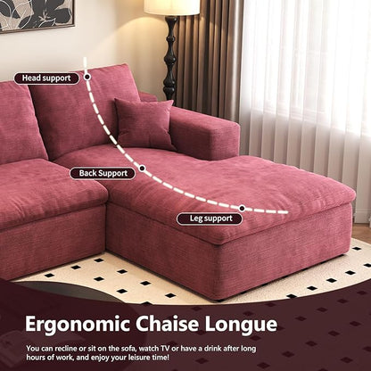 136.6'' L-Shaped Modern Modular Sectional Cloud Couch, 4-Seat Chenille Deep-Seat Sofa with Pillow for Living Room, Bedroom, Apartment, Wine Red