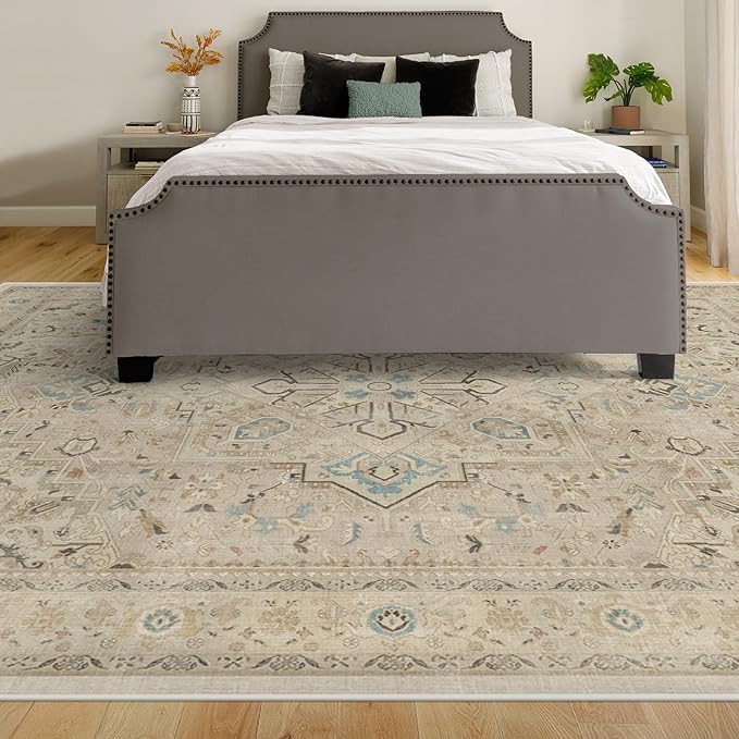 RUGGABLE Washable Vintage Area Rug – Kamran Ivory Opal 9x12, Stain-Resistant, Non-Slip – Large Machine Washable Rugs for Living Room, Bedroom, Hallway, Entryway & Office–with Standard Pad