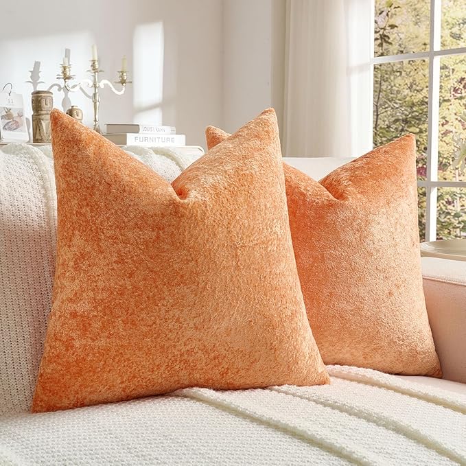 FUTEI Orange Flannel Throw Pillow Covers 26x26 Inch Set of 2,Soft Dimensional Textured Euro Pillow Shams,Modern Home Decor for Couch Living Room