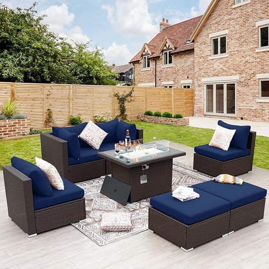 NICESOUL 7 Pcs Patio Conversation Set with Fire Table Natural Gas & Propane, 29.3'' High Backres Outdoor Sectional Sofa Sets, Large Deep Sitting Furniture for Exteriors, Brown Rattan and Blue Cushion