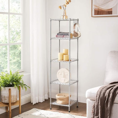 SONGMICS 5-Tier Bathroom Shelf, Storage Rack for Small Space, with 5 PP Shelf Liners, Removable Hook, Extendable Design, Silver and Translucent ULGR023S01