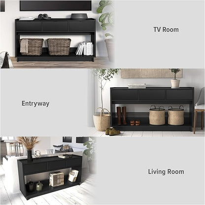 Prepac Black Simply Modern Entryway Table, Narrow Console Table with 3 Drawers, Media Console with Storage, 15.75" D x 60.25" W x 32" H