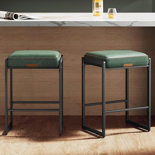 VASAGLE EKHO Collection - Bar Stools Set of 2, Counter Height Bar Stools, Synthetic Leather with Stitching, Mid-Century Modern Counter Stools, 26-Inch Tall, Kichen Home Bar Dining Room, Forest Green