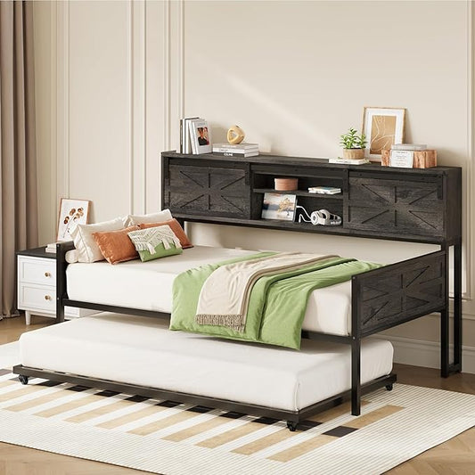 LIKIMIO Daybed with Trundle Bed, Sofa Bed Twin with Charging Station, with Storage Headboard & Strong Support, for Living Room, Bedroom and Guest Room, Charcoal Grey