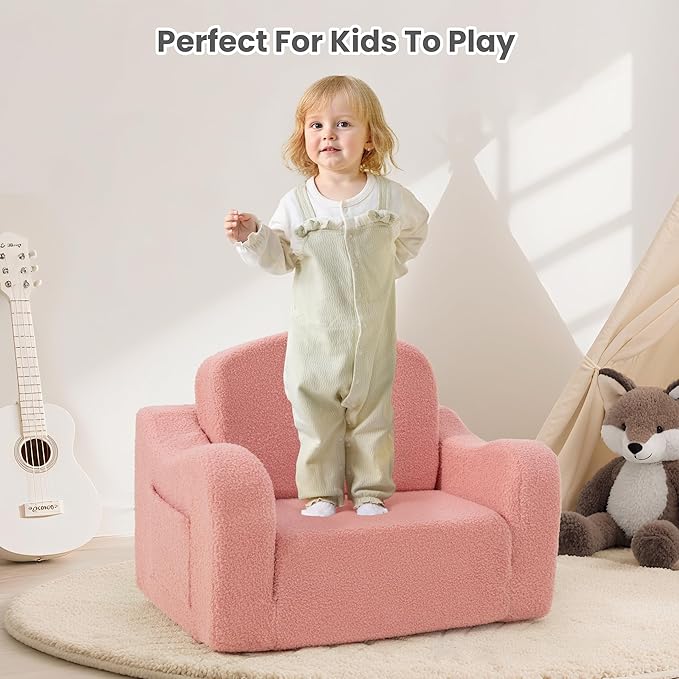 Comfy Toddler Chair & Kids, 2-in-1 Soft Couch Fold Out for Kids, Toddler Chairs Comfy 1-3 Years Old, Convertible Plush Sofa to Lounger for Girls and Boys, Pink