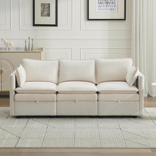 80" Cloud Modular 3 Seater Sofa with Storage, Modern Upholstered Storage Sofa Couch Deep Seat, Sectional Sofa Chenille Comfy Couch with Armrests for Living Room, Small Space, Beige