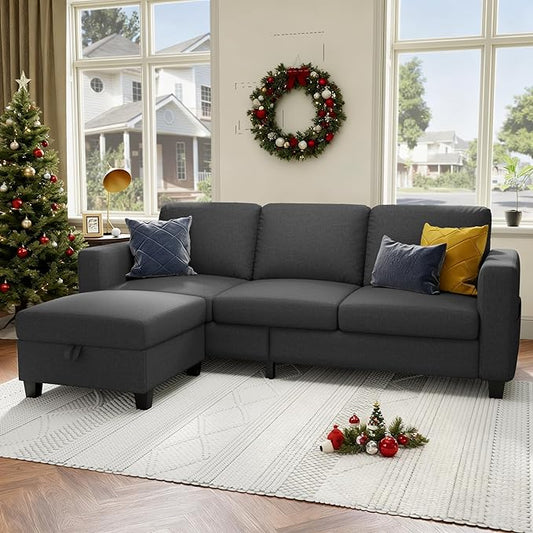 Youmumeub Sectional Sofa Couches for Living Room - Small Living Room L Shaped Pet Friendly Modular 3 Seater Couch-Convertible Washable Covers Suitable for Apartment Bedroom Office-Dark Gray Linen