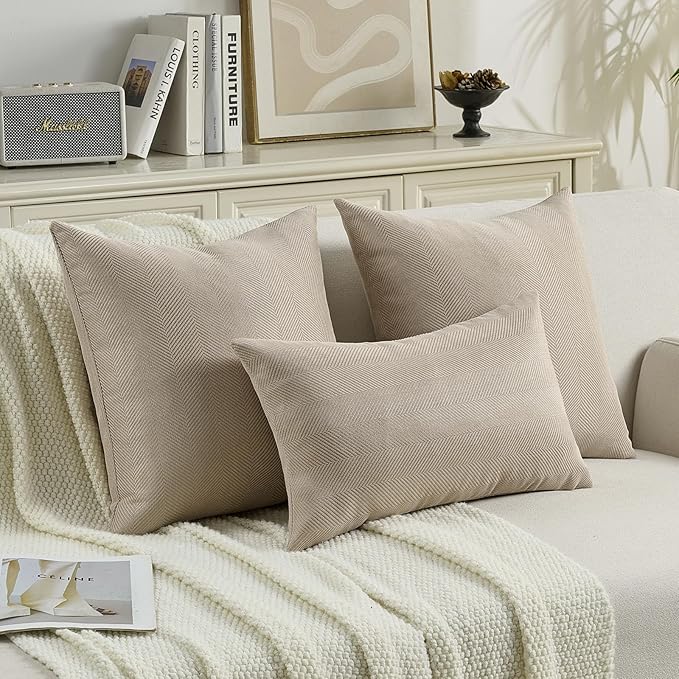 FUTEI Oatmeal Chenille Throw Pillow Covers 16x16 Inch Set of 2,Soft Wide Chevron Textured Cushion Case,Farmhouse Home Decor for Couch Bed Living Room