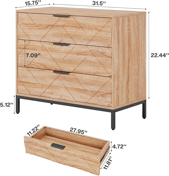 Tribesigns Wooden Nightstand Set of 2 with 3 Drawers, 31" Wide Night Stand with Metal Legs, Modern Large Bedside End Table for Bedroom, Living Room
