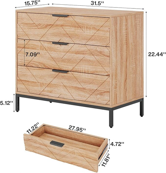 Tribesigns Wooden Nightstand with 3 Drawers, 31" Wide Night Stand with Metal Legs, Modern Large Bedside End Table for Bedroom, Living Room
