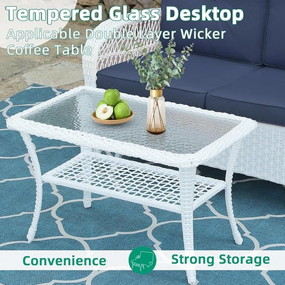 VIVIJASON 4-Piece Outdoor Patio White Wicker Conversation Sets, All Weather Rattan Furniture Set Includes Glider Loveseat, Coffee Table, 2 Glider Rocker Chairs w/Cushion for Lawn Balcony, Navy Blue