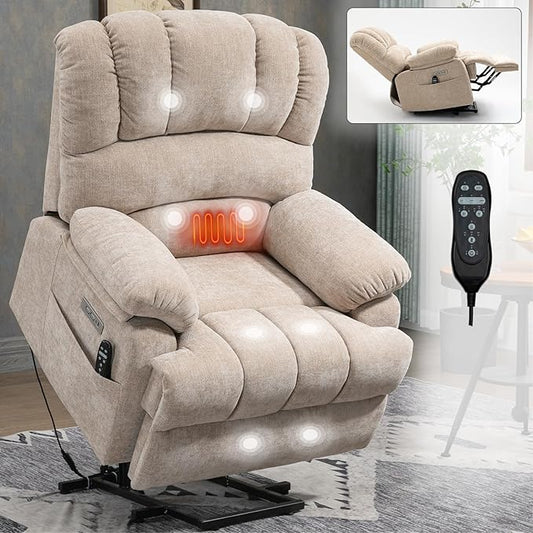 Power Lift Recliner Chair for Elderly with Heat Function, 8 Node Massage with 3 Modes, Silent Operation, Oversized Electric Lift Recliner Single Sofa for Living Room with USB Charging, Beige