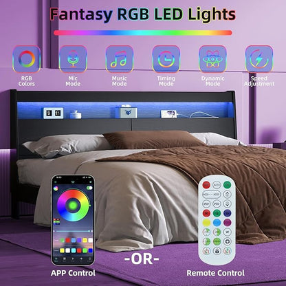 Headboard Only,Modern Headboard with Storage Built-in Power Outlets 2 USB Ports LED Lighting, Gap-Free Wall Design Easy Assembly (Black, Queen (U.S. Standard))