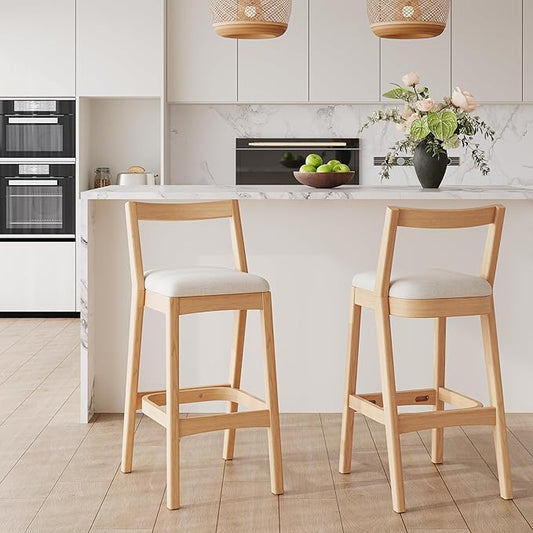 Christopher Knight Home Yone Counter Height Bar Stools Set of 2, Comfy Fabric Upholstered Bar Stool for Kitchen Island, Wooden Dining Room Chair, Barstools with Footrest/Backrest, Beige + Natural