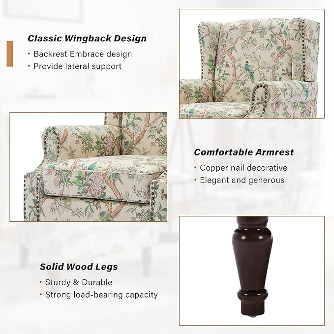 Wingback Accent Chairs Set of 2, High Back Upholstered Armchair, Printed Fabric Wingback Arms Chairs with Wood Legs, Single Sofa Reading Chair for Bedroom Living Room, Bird