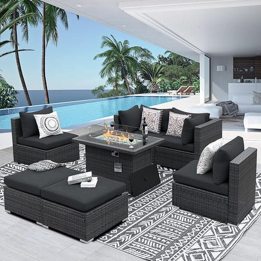 NICESOUL 29.3'' High Backrest Patio Furniture Set with Firepit Table Gas/Propane, Heavy Duty Deep Seating Outdoor Sectional Sofa Sets, 6 Seater Modern Luxury Extra Large Wicker Conversations, Gray