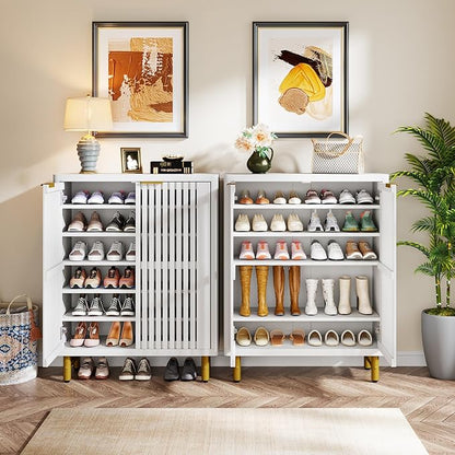 Tribesigns 6-Tier Farmhouse Shoe Cabinet with Shutter Doors, Wooden Shoe Organizer Rack with Adjustable Shelves, Modern Large Hidden Storage Furniture for Entryway, Hallway (White&Gold)
