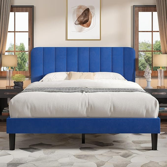 VECELO Queen Size Bed Frame with Upholstered Headboard, Velvet Platform Bedframe Mattress Foundation, Strong Wood Slat Support, No Box Spring Needed,Blue