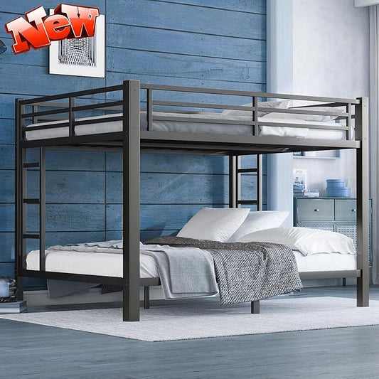 Upgraded Version Thicken Stronger Metal Heavy-Duty Queen Over Queen Bunk Bed, Bunkbed Frame for Adults with Ladders, Easy Assemble
