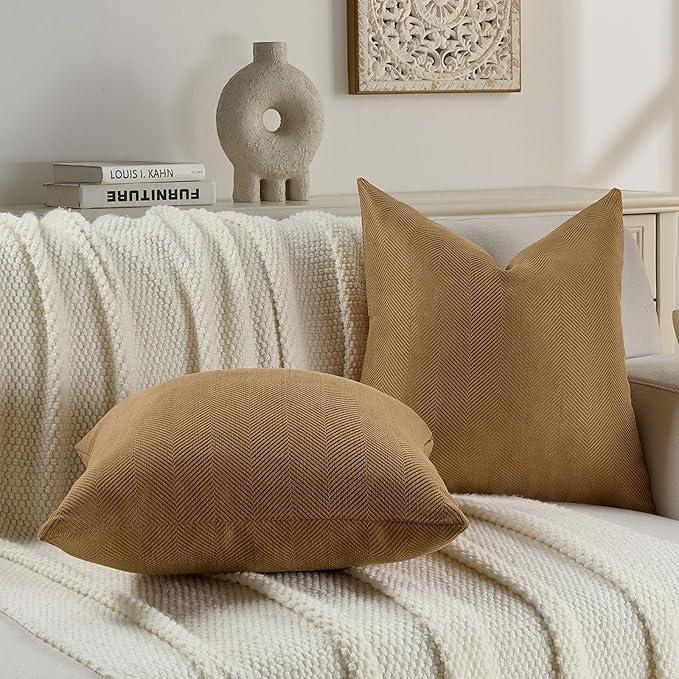 FUTEI Camel Chenille Throw Pillow Covers 24x24 Inch Set of 2,Soft Wide Chevron Textured European Pillow Shams,Farmhouse Home Decor for Couch Bed Living Room