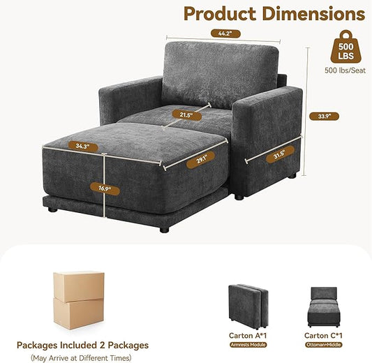 44.2" Chenille Oversized Chair with Movable Ottoman, Modular 1 Seat Couch with Thickened Cushions, Modern Single Sofa Chaise Lounge Reading Chair for Living Room, Small Apartment, Grey