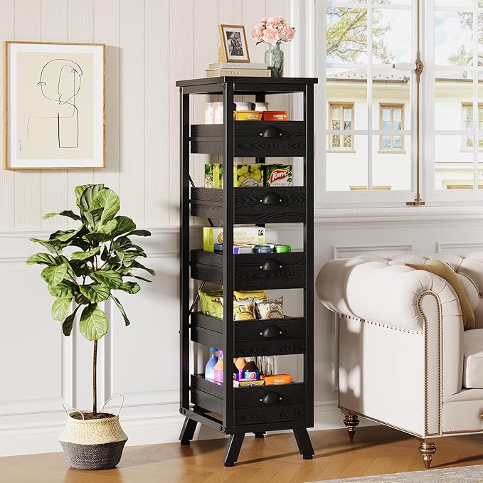 Tribesigns Black Wood Fruit and Vegetable Storage Rack, 5-Tier Narrow Snack Stand Kitchen Stand Fruit Basket, Pull-Out Utility Organizer for Kitchen, Living Room