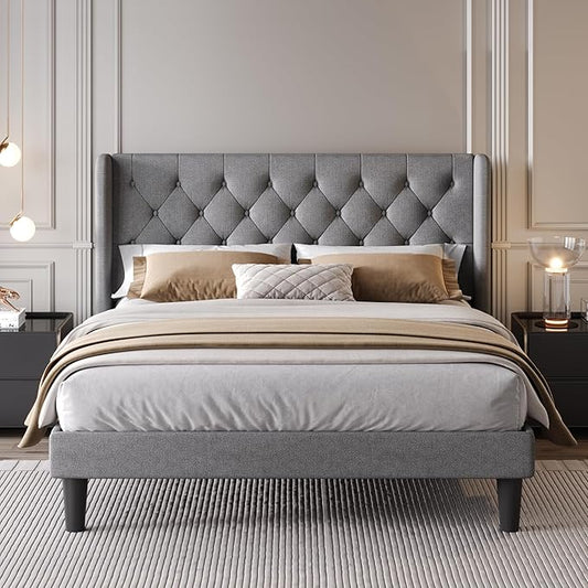 SHA CERLIN Full Size Upholstered Platform Bed Frame with Wingback Headboard, Tufted Linen Fabric, Wooden Slats Support, Easy Assembly, No Box Spring Needed, Light Grey