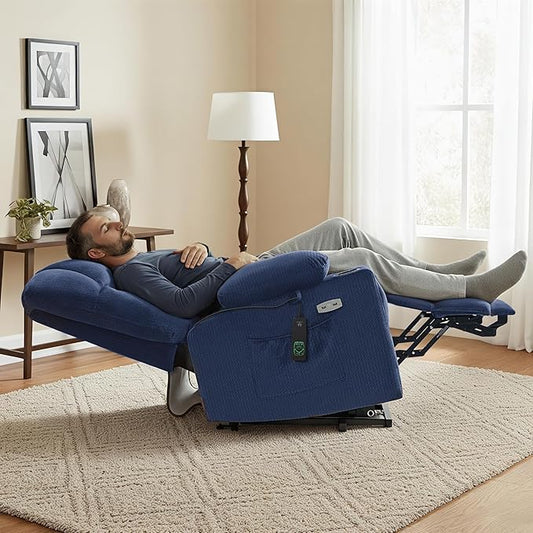MCombo Large Dual Motor Power Lift Recliner Chair for Elderly, Massage and Heat, Lay Flat, Zero Gravity, Home Button, USB Port, Fabric 7680 (Large, Navy Blue)