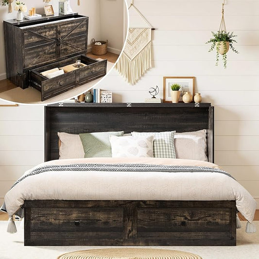 Queen Murphy Bed with Storage and Charging Station, Farmhouse Cabinet Bed, Noise-Free, for Guest Room, Apartment, or Office, Black Oak