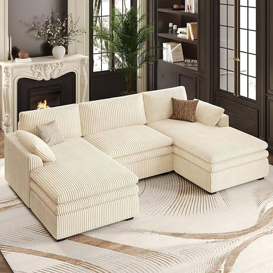 Belffin Large Modular Sectional Sofa with Double Deep Chaise, 104" Corduroy U Shaped Couch with 9" Soft Dual-Layer Seats Cushion Sectional Couches for Living Room, Apartment, Beige