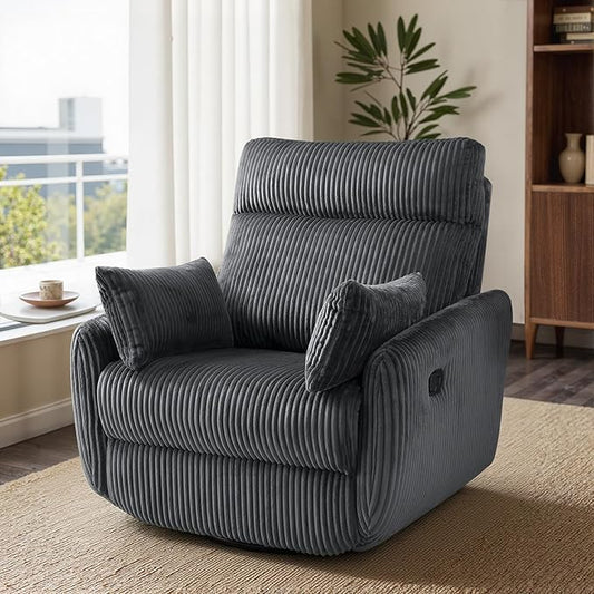 Swivel Recliner Chair for Adults, Corduroy Nursery Glider Rocking Chair, Armchair with 2 Pillows, Comfy High Back Reclining for Small Spaces, Nursery Bedroom Living Room (Corduroy Gray, 1 Pack)