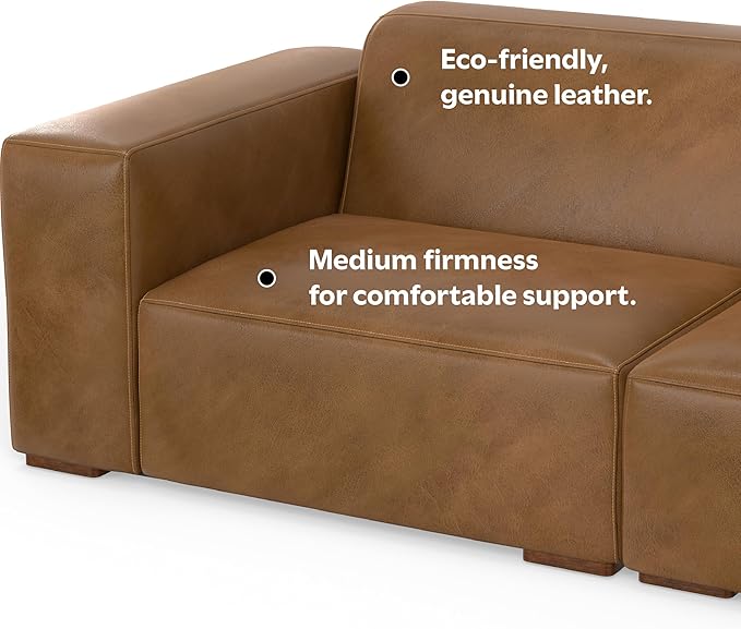 SIMPLIHOME Rex Modular Sofa and Ottoman Set in Full-Grain Genuine Leather, Caramel Brown, 88-inch-Wide 2-Seater Leather Couch and Matching 34-inch-Wide Table Ottoman for Living Room