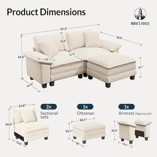 HERA'S HOUSE Modular Sectional Sofa, 88" L Shaped Cloud Couch with Ottoman and Throw Pillow, Mixed Fabric Sleek Couches for Living Room, Beige