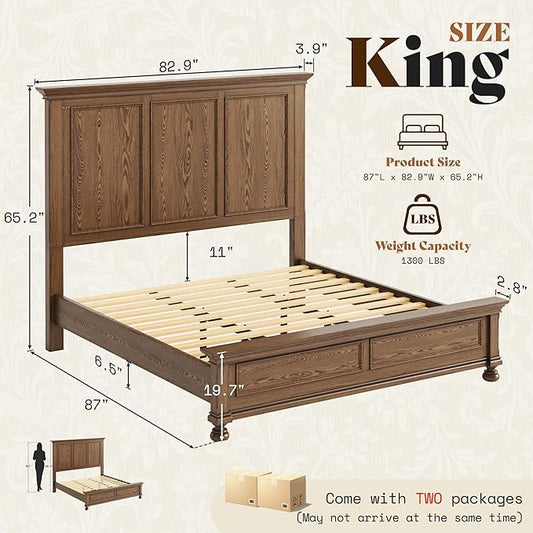 AMERLIFE Solid Wood King Bed Frame with 65.2" High Headboard, Traditional Platform Bed with Heavy Duty Slats, No Box Spring Needed, Easy Assembly, Light Brown