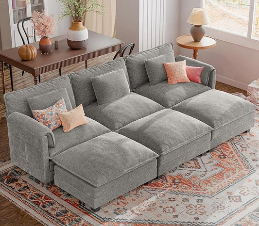 ELUCHANG 116" Luxury Modular Sectional Sofa, Comfy Deep Seat Cloud Couch, Sleeper Sofa Bed, 6 Seat Modern Couch with Removable Cover for Living Room, Apartment, DIY Combination, Chenille Light Grey