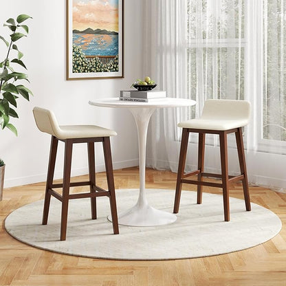 COSTWAY Wooden Bar Stools Set of 2, 29-inch Height Upholstered Padded Seat, Low Backrest, Footrest, Rubber Wood Legs, Armless Bar Chairs for Kitchen Counter Island, Dining Room, Brown+Beige