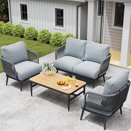5-Piece Outdoor Patio Furniture Set All Weather 4-Seat Sofa with Coffee Table & Waterproof Thick Cushion – Patio Conversation Sets for Lawn, Balcony, Porch, Muebles para Patios Exteriores