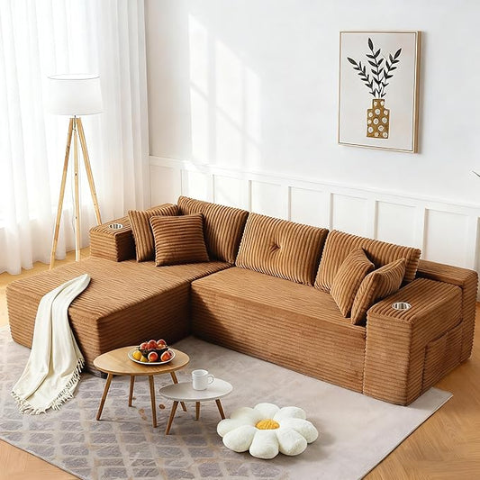 Modular Sectional Sofa, L Shaped Comfy Cloud Couch with Deep Seat, Boneless Couch for Living Room, Modern Sectional Sleeper with Chaise, No Assembly Required, Sofa in A Box, Brown Corduroy