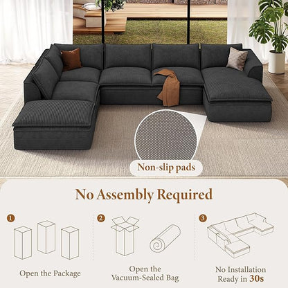 Vesgantti 204.7" Oversized Boneless Sectional Couch, Modern 9 Seater Modular Sofa with Chaise, Deep Seat Convertible Corduroy Cloud Couches for Living Room, No Assembly Required, Black