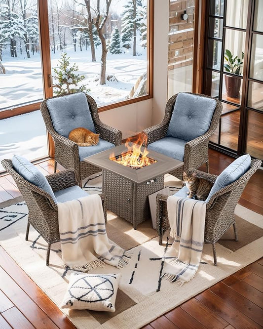 Patio Wicker Chairs Outdoor Furniture Chair - Set of 4 Outside All Weather Lawn Dining Brown Rattan Armchair with High Back&Deep Seating for Deck Porch Balcony Backyard Garden - Baby Blue