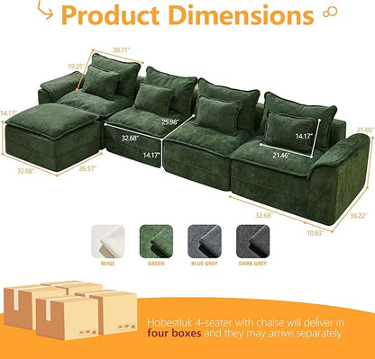 Hobestluk Cloud Modular Sectional Couch 4-Seater Sofa with Ottoman L Shaped Couch Deep Seat Sofa with Removable Cover Large Sofa for Living Room (Green, 4-Seater Sofa with One Ottoman)