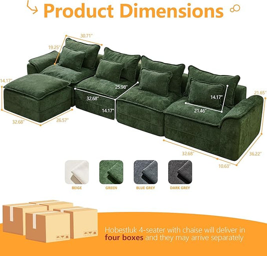 Hobestluk Cloud Modular Sectional Couch 4-Seater Sofa with Ottoman L Shaped Couch Deep Seat Sofa with Removable Cover Large Sofa for Living Room (Green, 4-Seater Sofa with One Ottoman)